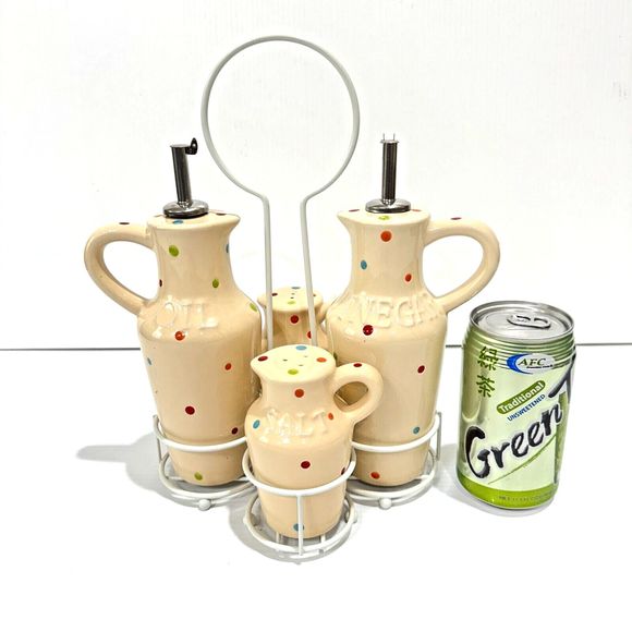 Temp-tations Temptations By Tara Polka Dot 5 pc Condiment Set Oil Vinegar Salt - Picture 9 of 15